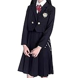 [hurtbasuketto] 卒業式 女の子 ショートジャケット ハイウエスト スカート ブラウス 長袖シャツ ジャンスカ スーツ キッズ 子供服 フォーマル 六点セット(ショート丈ジャケット+黒のワンピース+長袖シャツ+リボンタイ+チェーン+ワッペン L)