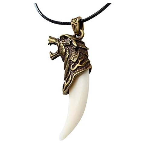 Buyanputra Men Antique Tribal Carved Wolf Fang Tooth Pendant Faux Leather Rope Necklace Bronze + White Cover