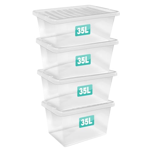 Optimal Products 4 x 35 Litre Storage Boxes With Lids Set of 4 Clear Multipurpose Nestable Stackable Plastic Storage Box With Lid Clear Containers For Home Kitchen Garage Office Accessories