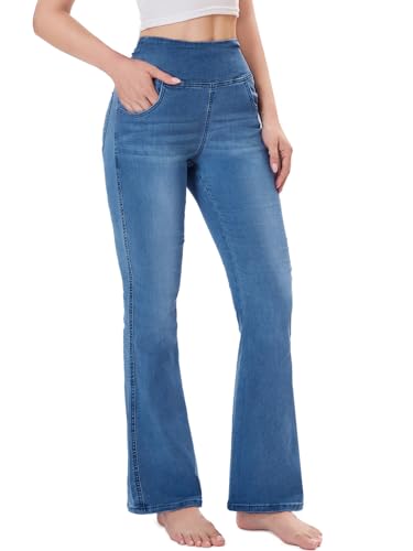 Chasehot Pull on Flare Jeans for Women, Trendy Stretchy High Waisted Bell Bottom Skinny Boot Cut Jeans Legging for Women Medium Blue Wash-M
