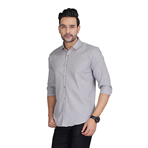 Image of Men's Solid Slim Fit Cotton Casual Shirt with Spread Collar & Full Sleeves