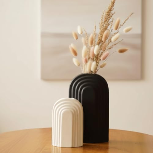 Image of Purezento Indigo Gated Ceramic Flower Vase /Home Decor Centrepiece /Showpiece /Modern Farmhouse Vase for Living Room, Bedroom Office, Table (Black /White Pack of 2) (Black & White)