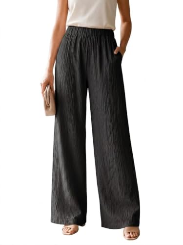 Image of Women's High Waist Wide Leg Trousers | Textured Crinkle Palazzo Pants | Elastic Waist Casual Formal Office Wear Trousers | Comfortable Lightweight Bottom Wear for Women