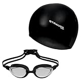STRAUSS Swimming Set with UV and Anti Fog Protection Goggles, Swim Cap, Earplug and Nose Plug Set - Suitable Swimming Kit for All Age Group | Fully Adjustable | (Black)