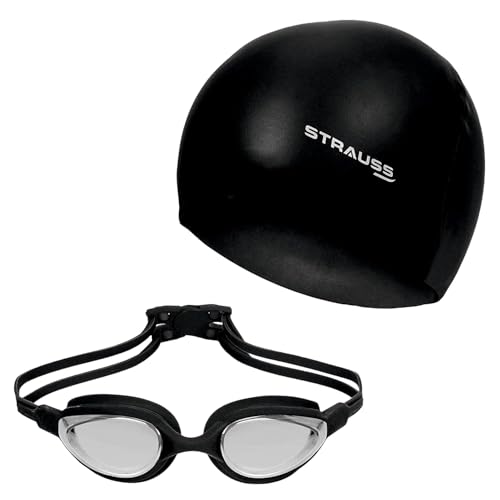 STRAUSS Swimming Set with UV and Anti Fog Protection Goggles, Swim Cap, Earplug and Nose Plug Set - Suitable Swimming Kit for All Age Group | Fully Adjustable | (Black)