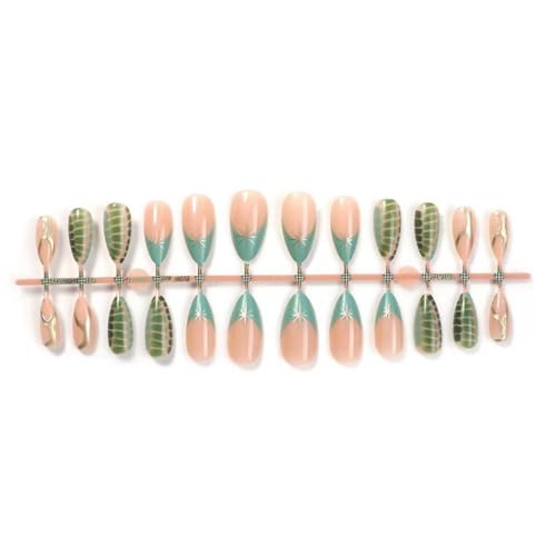 Image of Green French Tip Press On Nails Star False Nails Medium Almond Glossy Artificial Acrylic Full Cover Nude Stick On Nails for Women Manicure 24Pcs