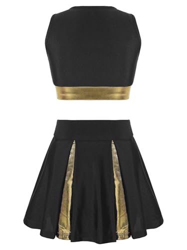 Moily Kids Girls Shiny Cheerleading Outfit Crop Top with Pleated Skirts Rooter Team Uniform2