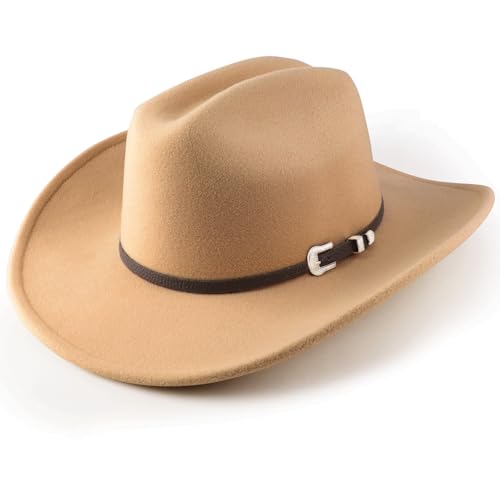 Image of DRESHOW Cowboy Hat for Women and Men Classic Felt Western Hat for Cowboys Cowgirls Wide Brim Belt Buckle Retro Fedora Hats