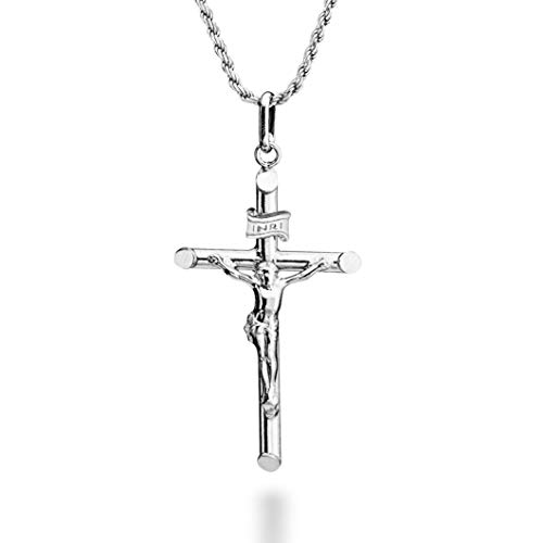 Miabella Rhodium Plated 925 Sterling Silver Small or Large Crucifix Necklace for Men Women, Cross Pendant with Rope Chain, Made in Italy