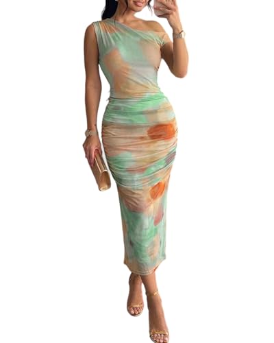 CHICME Women One Shoulder Midi Dress Ruched Summer Mesh Bodycon Dress Tie-dye Print Cocktail Dresses Wedding Guest Vacation-mu-XL Multicolor