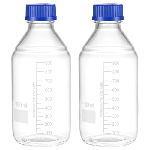 QWORK 1000ml Glass Storage Bottles 2 Pack Leakproof Round Media Bottles with GL45 Blue Screw Caps & Graduation Lines