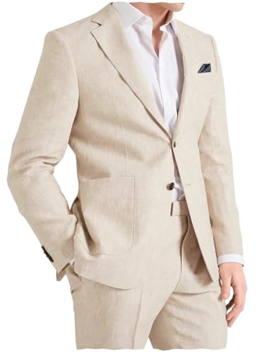 Casual Men's Suits Linen Slim Fit 2 Pieces Tuxedos Summer Beach Wedding Jacket+Trousers