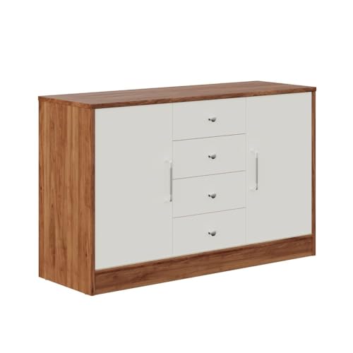 Image of Wakefit Engineered Wood Sideboard | 1 Year Warranty | Storage Cabinet for Home Kitchen Living Room | 2 Closed Compartments & 4 Drawers | Uruk - Columbia Walnut and Frosty White