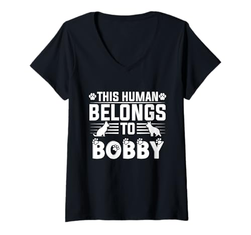 Photo de Femme Nom de Chien Bobby Cadeau personnalisé This Human Belongs to a T-Shirt avec Col en V