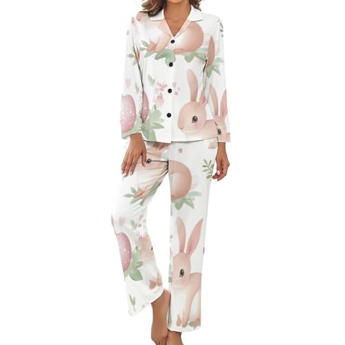 Bunny Easter Eggs Ensemble de pyjama pour femme Col en V Manches longues Haut et pantalon Confortables Vêtements de nuit doux, Style :, M