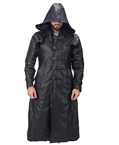 Mens Real & PU Leather Trench Coat Winter Jacket Goth Matrix Steampunk Long Coat with Hood