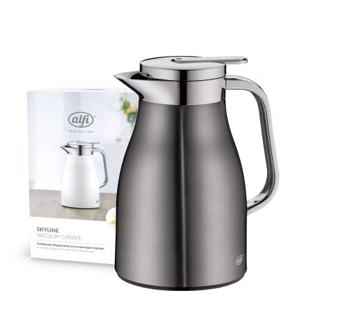 alfi SKYLINE 0,65l, jarra isotérmica de acero inoxidable con inserción higiénica de vidrio duro, tapón de rosca con cómodo pulsador, mango ergonómico a una mano, ideal como jarra de café o té, sin BPA