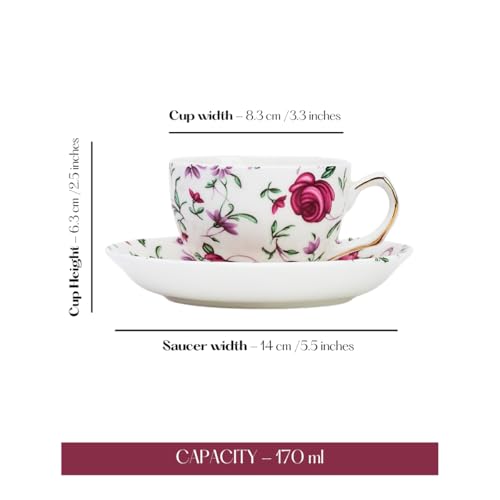 Image of GOLDEN QUEEN'S Cup & Saucer Set | Perfect for Hosting & for Tea /Coffee Lovers | Handcrafted in India, Inspired by Florals & 24-Carat Gold Rim | 6 Cups & 6 Saucers |170 ml (Button Rose)