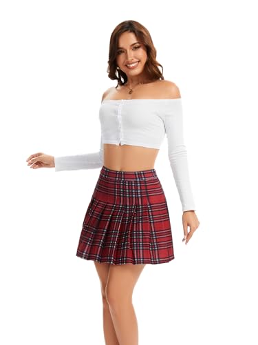 Image of Shestellar Stretchy Short Pleated Skirts for Women Cheerleader Uniform High Waist A-line Mini Skirt Red Plaid XL