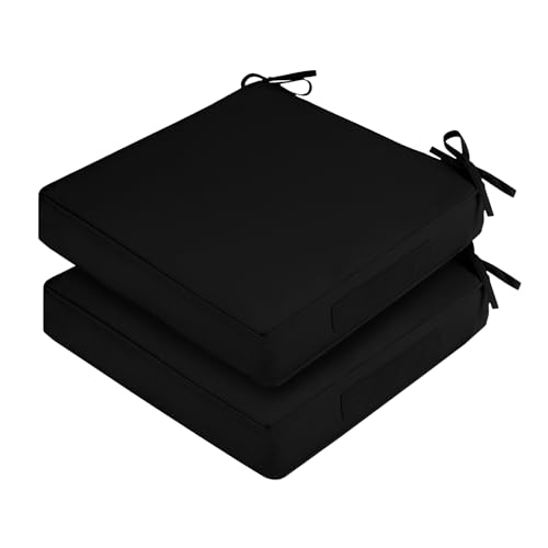 HOMELYSIAN Waterproof Outdoor Chair Cushions Set of 2, Square Outdoor Seat Cushions with Ties and Removable Covers, 24 x 24 Outdoor Cushions for Patio Furniture with Portable Handle(Black)