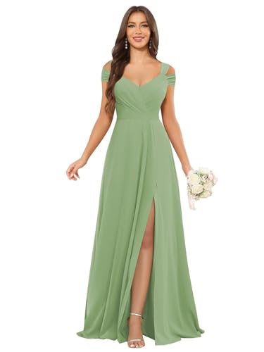 Image of petyoo Off Shoulder Chiffon Bridesmaid Dresses with Slit Long Formal Evening Dress