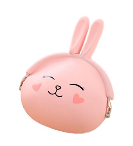 Preisvergleich Produktbild Niedliche Aufbewahrungstasche (Geldbeutel / Geldbörse / Münzbeutel / Schlüsseletui / Kopfhörer Box) aus weichem Silikon mit süßem Häschenmotiv (Kawaii Comic Stil) für Kinder (Rosa)
