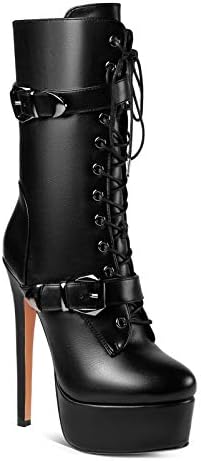ANN CREEK 'Batian' Classic High Platform Mid Calf Boots Ultra High Stiletto Heels Lace Up Boots Faux Leather Round Toe Tie Up Boots Sexy Black Buckle Strap Thin High Heel Boots Black 6