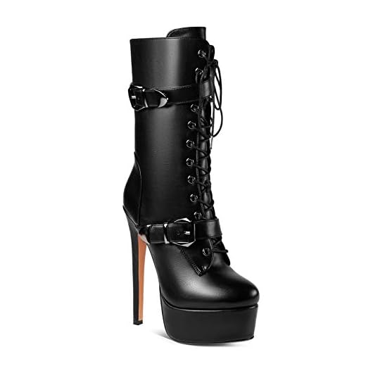 ANN CREEK 'Batian' Classic High Platform Mid Calf Boots Ultra High Stiletto Heels Lace Up Boots Faux Leather Round Toe Tie Up Boots Sexy Black Buckle Strap Thin High Heel Boots Black 10