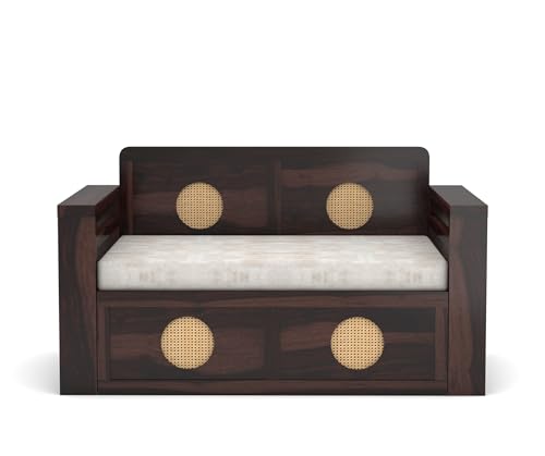 Image of Solid Sheesham Wood Two Seater Sofa Cums Bed with Cane Design Panels | 2-in-1 Wooden Daybed with Cushion & Storage Drawers (Walnut Finish)