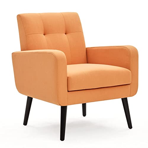 Huimo Accent Chair, Button Tufted Upholstered Arm Chair, Linen Fabric Sofa Chairs, Leisure Living Room Chair, Comfy Mid-Century Modern Leisure Accent Room Chair For Bedroom, Single Sofa Chair (Orange) #TOP13