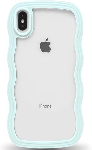 Image of GoldKart iPhone X /Xs Case Wavy Edge Clear Back Design, Anti-Slip Grip Cute Wave Curly Frame Shape Shockproof Soft TPU & Hard PC Bumper Protective Phone Case Cover for Women Girls - Light Blue