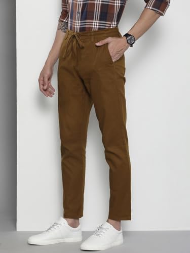 Image of The Indian Garage Co Men Slim Fit Solid Mid-Rise Elasticated Linen Trousers