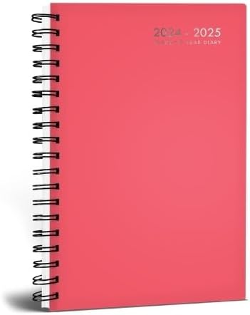 Academic Diary 2024-2025 A5 Week to View Mid Year Spiral Bound Classic Colours Student Planner Casebound Organiser (Raspberry)