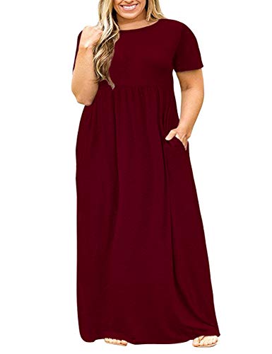 Image of KARALIN Women Plus Size Maxi Dress Short Sleeve Round Neck Loose Fit A-Line