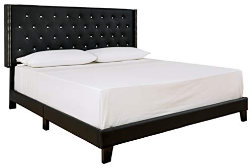 Signature Design By Ashley Vintasso Glam Button-Tufted Faux Leather Platform Bed With Rhinestones, Queen, Black #TOP21