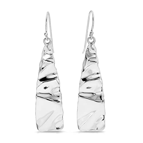 MINDDHA 925 Sterling Silver Earrings - Tapered Wrinkle Design - Handcrafted From Israeli Artisans - Minimalist Silver Earrings, Drop Length 1.6 Inch