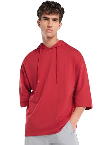 Image of Bewakoof Men's Solid Oversized Fit Half Sleeve Hooded Cotton T-Shirt