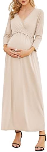 Coolmee Maternity Dress Women's V-Neck 3/4 Sleeve Ruched Maxi Photo Shoot for Photography Khaki L