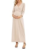 Coolmee Maternity Dress Women's V-Neck 3/4 Sleeve Ruched Maxi Photo Shoot for Photography Khaki L
