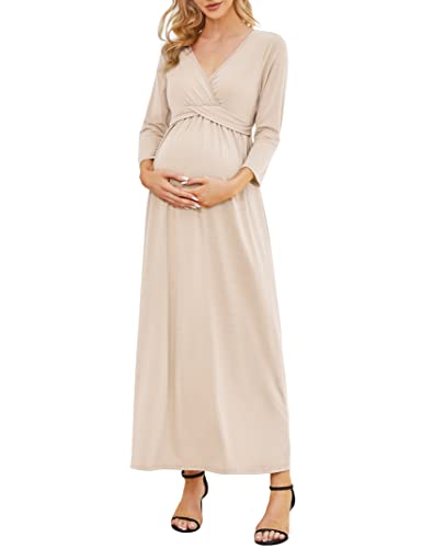 Coolmee Maternity Dress Women's V-Neck 3/4 Sleeve Ruched Maxi Photo Shoot For Photography Khaki L #TOP11