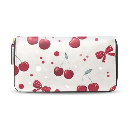 Long Wallets Leather Bifold Wallet for Women Red Cherry Polka Dot with Zipper Credit Card Holder Large Capacity