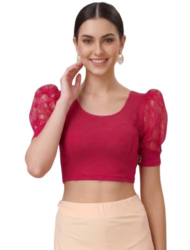 Image of SFT Women's Cotton Lycra Blend Readymade Saree Blouse with Round Neck Half Sleeves Solid Pattern Knit Weave Regular Fit and Pull On Closure