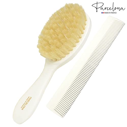 Parcelona French Grooming Combo White 6" Celluloid Soft Natural Silk Bristles Baby Brush And Comb For Girls And Toddlers Styling Girls Hair Accessories (White) #TOP4