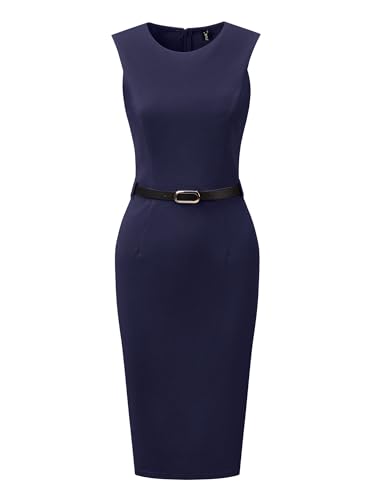 Allegra K Work Dress for Women's Sleeveless Office Round Neck Belted Business Pencil Dresses