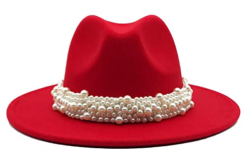 Qkrlamx Black Fedora Hats For Women Wool Panama Hat With Pearl Band Wide Brim Felt Hat Classic Trilby Hat Red #TOP1