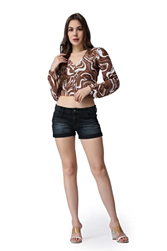 Image of POPWINGS Casual Brown Marble Prin Crop Top for Women || V-Neck Crop Top for Women || Full Sleeves Women Crop Top for Summer || Stylish Western Crop Top for Women