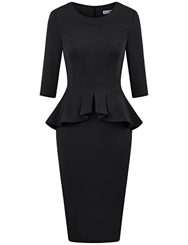 Muxxn Women's 3/4 Sleeve Peplum Midi Fitted Cocktail Party Ruffle Wear To Work Office Pencil Dress Black M #TOP24