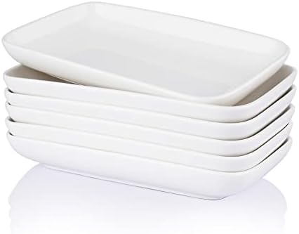 Sweese 752.101 8 Inch Rectangular Salad Plates, Porcelain Dessert Plates, Small White Serving Trays for Salad, Fruit, Sushi Appetizer and Parties - Stackable, Set of 6, White