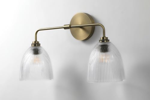 Image of 2 Light Antique Brass Ribbed Glass Vintage Vanity Light (Bulb Included)