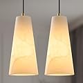 Alabaster Kitchen Island Pendant Light: White Marble Hanging Lights Set of 2 over Dining Table - Natural Stone Textured Pendants Lighting - Vintage Brass Cylinder Chandelier above Sink Bulb included